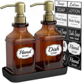 LMQML Soap Dispenser - 2 Pack, Antique Design Thick Amber Glass Hand Soap Dispensers with Sturdy Tray; 304 Rust Proof Stainless Steel Black Pump, 12Pcs Stickers, for Kitchen, Bathroom - Brushed Gold by LMQML