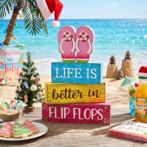 Yuntau 4 Pcs Summer Flip Flop Decor Wooden Beach Table Centerpiece Sign - Image 2
