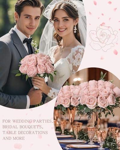 Coferset 10 Pcs Fake Silk Roses with Long Stems,Blush - Image 4