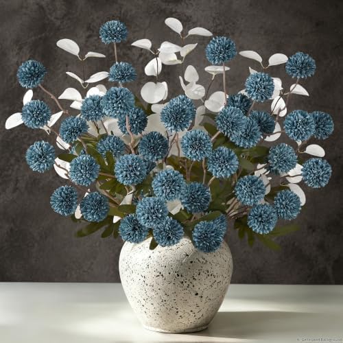 12Pcs Blue Faux Silk Mums Artificial Flowers Bulk with Eucalyptus Stems by Yastouay