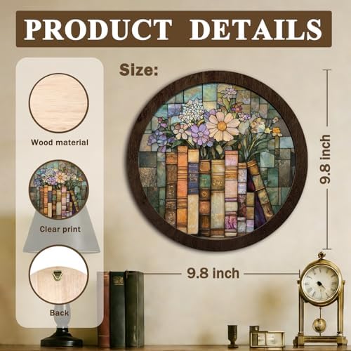 CFFJLHN Vintage Floral Book Wall Art Decor, Book Lovers Gifts, Light Academia Flower Bookish Round Hanging Wall Decor for Reading Corner Nook Room Home Library Bedroom, 10x10 Inch - Image 7