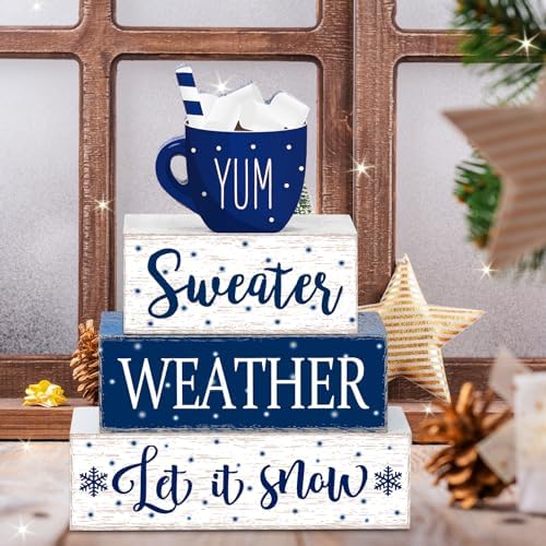 Marsui 4 Pcs Blue Winter Table Decorations Wooden Winter Tiered Tray Decor - Image 5