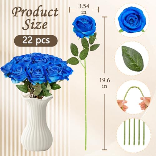 22 Pcs Artificial Blue Roses with Stems - Velvet Faux Flowers Bulk for Wedding Home Decor (Blue) - Image 3