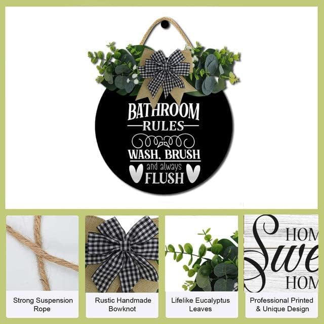 Farmhouse Bathroom Decor,Bathroom Rules Sign,Rustic Round Wooden Wreath Sign,Funny Bathroom Decor Wall Art For All The Seasons - Image 2