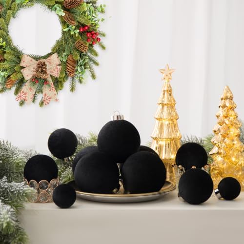 Velvet Christmas Ball Ornaments - 30pcs Flocked Christmas Ornaments Set Shatterproof Classic Hanging Xmas Tree Decorations with Rope for Wreath Holiday Home Decor (Black) - Image 4