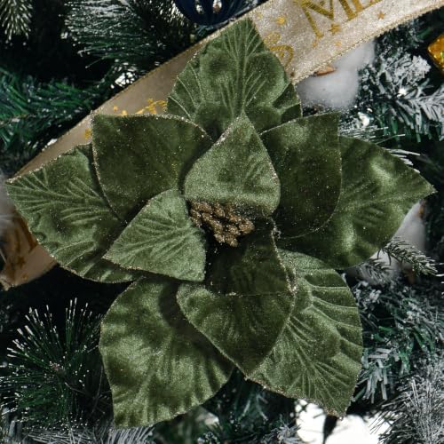 10 Pcs 9.4" Velvet Poinsettia Picks Glitter Artificial Christmas Flower Stems for Xmas Tree Wreath Garland Winter New Year Home Decoration, Green by YSZL