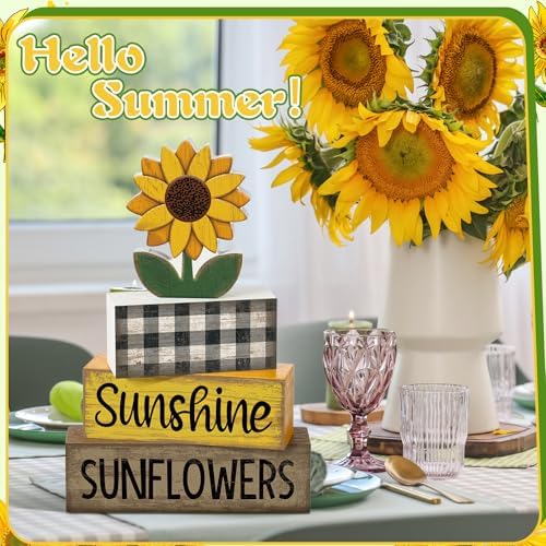Yuntau 4 Pcs Sunflower Decorations, Wooden Block Sign Tiered Tray Decor - Image 4