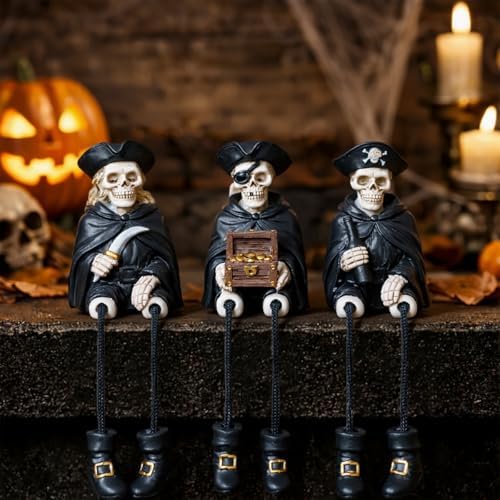 Dlfghos Halloween Skeleton Decor Set of 3 Pirate Skeleton Figurines Halloween Indoor Decorations Statue Skull Figurine Home Decor for Coffee Table Desk Bookshelf Mantel Gifts - Image 6