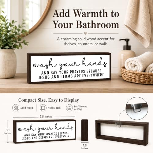 Funny Bathroom Wooden Sign, Wash Your Hands And Say Your Prayers, Funny Farmhouse Bathroom Wall Decor, Rustic Wood Restroom Sign for Home Guest Bath, Humorous Wood Bathrooms Decor, 9.5 x 3.1 Inches - Image 4
