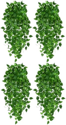 Artificial Pothos Vines 4 Pack, 40" Fake Hanging Plants for Wall Decor Indoor, Lush Heart-Leaf Trailing Vines for Bookshelf Living Room Bedroom Decor by Unknown