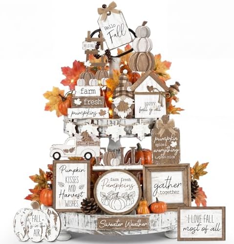 Maitys 21 Pcs Fall Tiered Tray Decor Set, Rustic Farmhouse Thanksgiving Whitewashed Wooden Signs Gnome Truck Pumpkin Wood Bead Garland Vintage Table Centerpieces Autumn Harvest Home Kitchen Decor by Maitys
