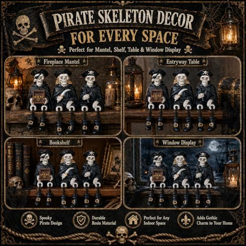 Dlfghos Halloween Skeleton Decor Set of 3 Pirate Skeleton Figurines Halloween Indoor Decorations Statue Skull Figurine Home Decor for Coffee Table Desk Bookshelf Mantel Gifts - Image 2