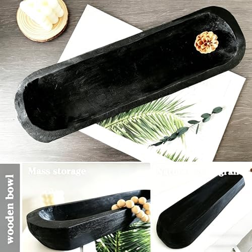 Wooden Dough Bowls Decorative，Rustic Bread Long Bowls Decor Wood Tray, Hand Carved For Table Centerpiece Decor, Home Decor (20 * 6 * 2 inch Black) - Image 3