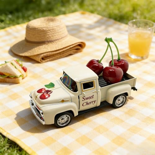 Cherry Truck Decor, Vintage Cream Pickup Truck with Cherry Arrangement, Rustic Farmhouse Summer Tiered Tray Decor, Kitchen Table Centerpiece, Home Office Shelf Decorations - Image 6