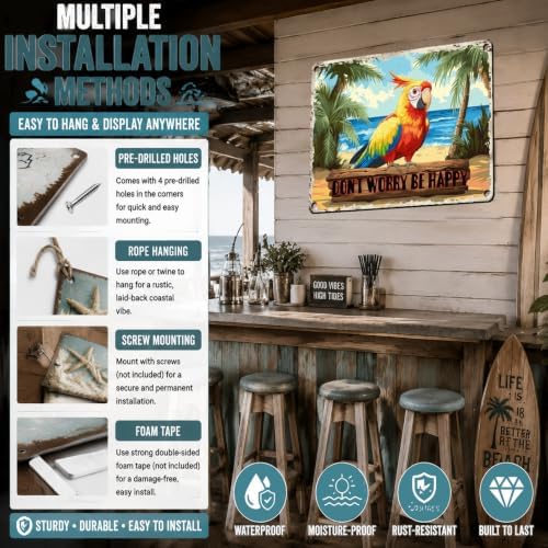 Don't Worry Be Happy Creative Vintage Tin Sign Metal Sign The Beach Parrot Decor for Friend Porch Backyard Bar Outdoor Patio Wall Decor 12x8 Inch - Image 5