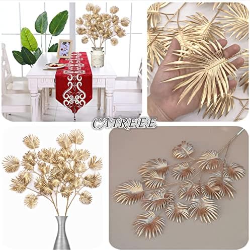 Artificial Golden Plants for Christmas Decor, Tall 30 Inch Faux Palm Leaves Plastic Fan Leaf Fake Tropical Monstera Tree for Indoor Outdoor Wedding Party Big Vase Filler DIY Decoration - Gold 2 Pack - Image 6