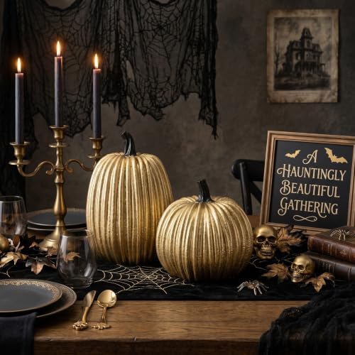 Gold Halloween Pumpkin Decor, Small Resin Pumpkins Set of 2 - Image 5