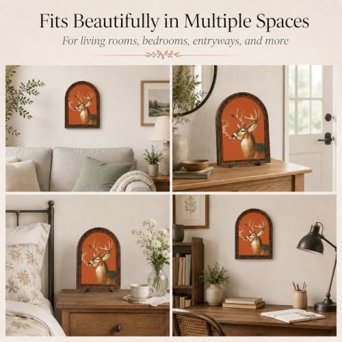 Vintage Deer Art Decor - Arched Wooden Frame with Stand, Retro Whimsical Animal Wall & Tabletop Decor for Living Room, Bedroom, Office, Funny Novelty Home Accent, Unique Housewarming Gift - Image 3