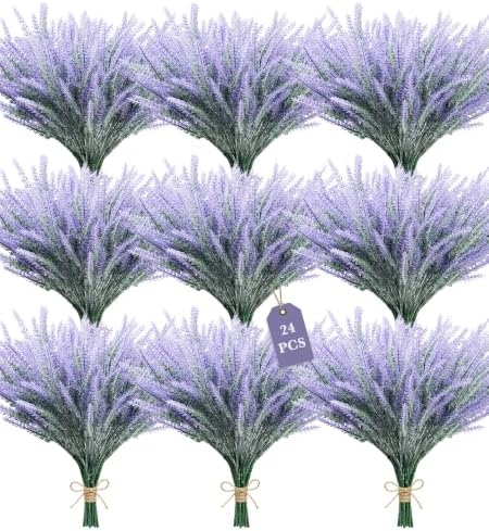 24 Bundles Artificial Lavender Fake Flowers Faux Plastic Plants Purple Flowers for Home Wedding Kitchen Garden Patio Window Box Office Indoor Outdoor Decor,Centerpieces for Tables(Gray Purple) by YOGJKI