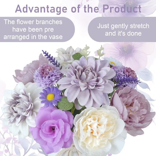 18Pcs Purple Fake Flowers with Vase, Silk Dahlias Purple Artificial Flowers - Image 4
