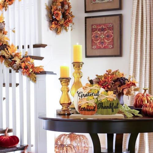 3 Pcs Fall Pumpkin Decor Wooden Table Sign Thankful Blessed Grateful Tabletop for Autumn Farmhouse Vintage Thanksgiving Harvest Party Rustic Home Room Table Shelf Halloween Decorations - Image 3