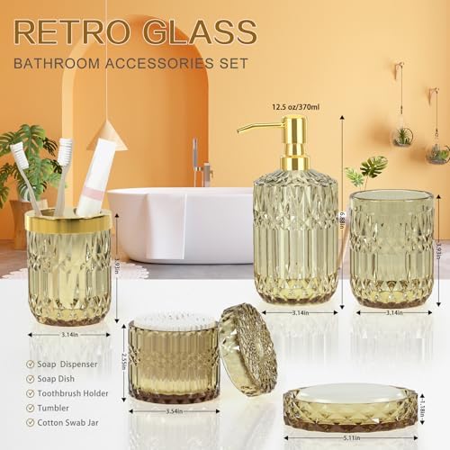 Brown Bathroom Accessory Set 5PCS - Amber Glass Bathroom Accessories with Toothbrush Holder Set, Soap Dispenser, Soap Dish, Tumbler, Cotton Swab Jars, Vintage Bathroom Decor Set Housewarming Gift - Image 4