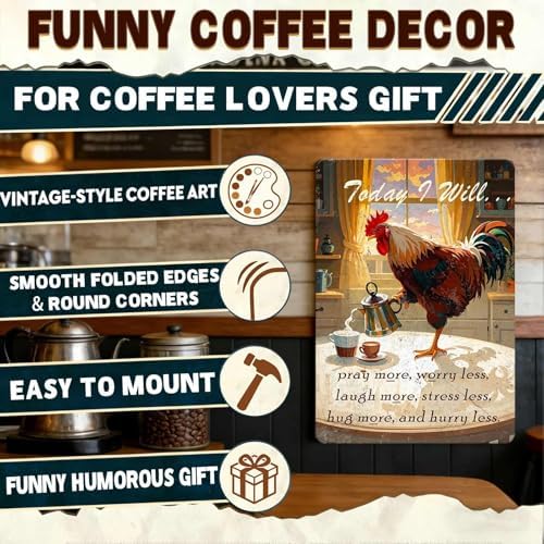 Rooster Tin Metal Signs Country Kitchen Wall Art Decor Chicken Sign Farmhouse Decor Today I Will Pry More Worry Less Metal Sign Funny Chicken Coop Accessories Home Garden Farm Yard 12x8 Inch - Image 3