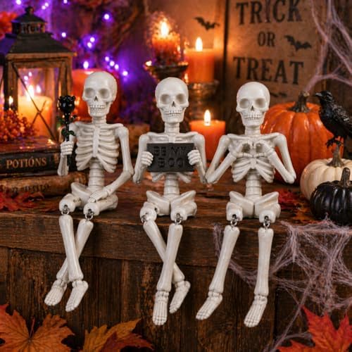 Halloween Skeleton Decorations Indoor 3Pcs Funny Skull Figurines for Mantel Shelf Table Bookshelf Cute Spooky Halloween Decor for Home Office Skeleton Shelf Sitters Halloween Tabletop Decorations - Image 2