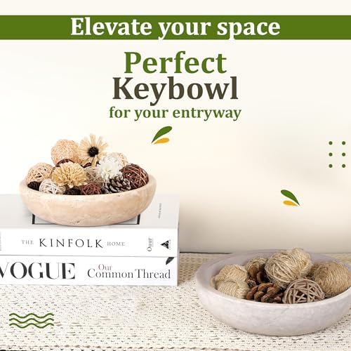 FNTSTICGOODS Travertine Decorative Bowl - 7.8” Diameter & 2” Height - Key Bowl for Entryway Table - Organic Modern Centerpiece - White/Gray - Image 6