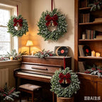 6 Set Christmas Hanging Wreaths Small Snow Flocked Artificial Cedar Wreaths with Red Velvet Ribbon Bronze Bells Mini Faux Greenery Wreath for Front Door Porch Cabinet Window Xmas Holiday Decorations - Image 5