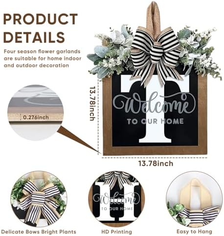 Ultra Large 14'' Last Name All Year Round Front Door Wreath with 26 Initial Letter Welcome Sign All Seasons Eucalyptus Garland and Bow Wreaths for Front Door Porch Farmhouse Decoration (T) - Image 4