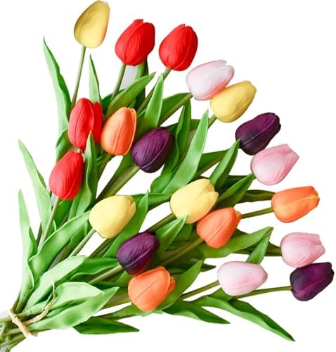 ONLY ART Artificial Multicolor Tulips 20 Pcs – 13.5 Inch PU Faux Flowers with Bendable Stems for Home Décor, Wedding Centerpieces, DIY Floral Arrangements, New Year and Valentine's Day by ONLYART