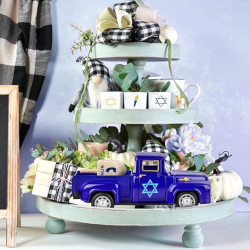 Hanukkah Tiered Tray Decor Vintage Mini Metal Truck with Wood Dreidel Blue Festive Jewish for Farmhouse Shelf Coffee Table Home Kitchen Table Decorations - Image 2