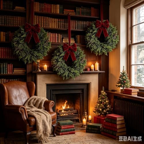 4 Pcs Small Christmas Hanging Wreaths with Artificial Cedar Pine Greenery Burgundy Dark Red Velvet Ribbon Mini Front Door Wreath for Porch Window Cabinet Wall Farmhouse Christmas Winter Holiday Decor - Image 2