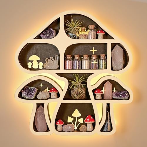 Mushroom Decor Floating Shelves with Lights, Crystal Display Shelf for Wall by FNYDOX