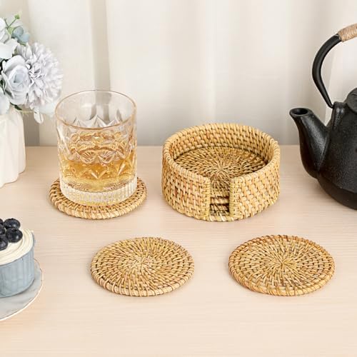 Drink Coasters Set of 6-Handwoven Rattan Coaster with Holder,Natural Rattan - Image 2