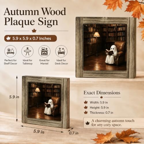 Cozy Reading Ghost Wood Plaque Sign for Halloween Home Shelf Decor 10 - Image 2
