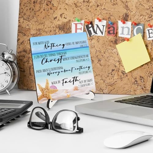 Coastal Starfish Christian Wooden Sign Desk Decor, Beach Bible Verses Religious Wood Plaque Sign With Stand for Beach Lake House Home Office Desk Table Shelf Decoration, 5x5 Inch - Image 3