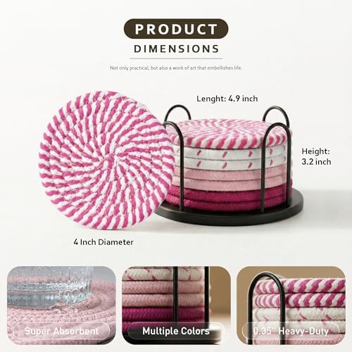 Lazebox Coasters Set of 8 for Drinks, 4 Inch Large Coasters for Coffee Table, Tabletop Protection for Hot & Cold Drinks, Versatile Coasters for Home Decor, Non-Slip & Easy to Clean, Pink - Image 4