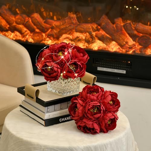 Artificial Peony Silk Flower Centerpieces with LED Light Faux Floral Arrangement in Glass Vase for Home Wedding Table Decoration (Dark Red) - Image 3