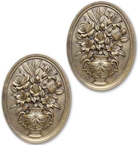 Vintage Flower Wall Sculpture 2 Pack ,Antique Wall Decor,Vintage Floral Wall Art, Hand Painted Wall Decoration with Embossed Flowers Design, Gold Wall Decor for Living Room Bedroom Dining Room, Housewarminng Gifts (Gold Flowers) by Newinhome