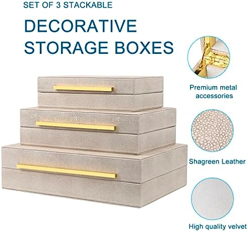 Ivory Shagreen Box Set Of 3 Faux Leather Decorative Boxes, Large Modern Nesting Storage Decorative Boxes with Lids for Home Decor Stacking jewelry Box Organizer - Image 3