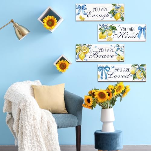 4 Pcs Lemon Bathroom Decor, Positive Affirmations Wall Art Decor, Inspirational Wooden Signs, Lemon Wall Art Hanging Plaques for Girls Bedroom Bathroom Living Room - Image 5