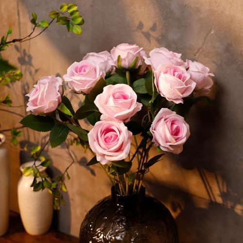 12 Pcs Artificial Rose Flowers, Silk Roses with Long Stems, Realistic Fake Roses for Wedding Centerpiece Party Home and Office DIY Decor, Pink - Image 6