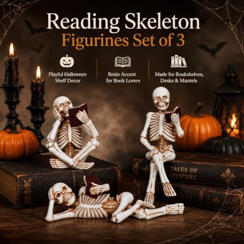 Dlfghos 3 Pieces Halloween Skeleton Statue Halloween Skull Figurine Home Decor Reading Skeleton Figurines Decorations for Indoor Fireplace Home Kitchen Desk Office Party - Image 4