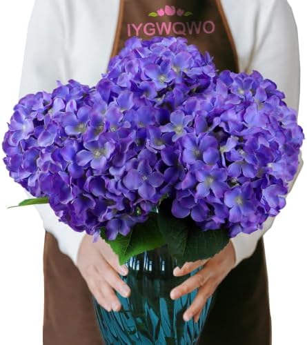 6PCS Large Silk Hydrangea Flowers, 20 In Full Faux Hydrangea Artificial Flowers with Stem Leaves for Fake Huge Bouquet Home Kitchen Wedding Party Wreath Xmas Centerpieces Arrangements (Purple) by IYGWQWO