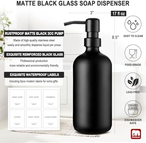 GMISUN Black Soap Dispenser, 2 Pack Matte Black Hand Soap Dispensers for Bathroom, 17 Fl Oz Glass Dish Soap Dispensers for Kitchen with Stainless Steel Pump, Modern Liquid Soap Bottle - Image 3