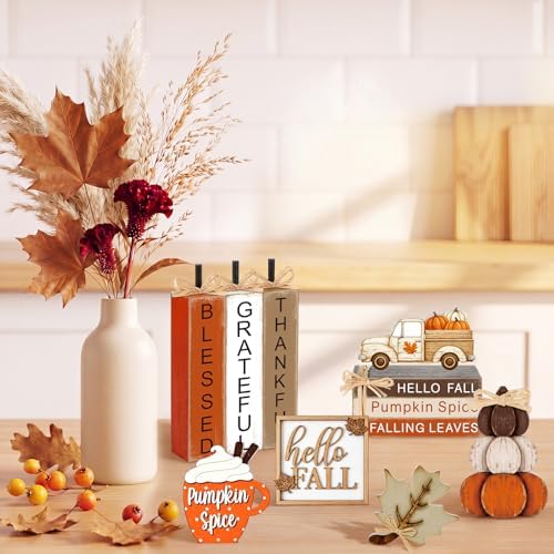 11 Pcs Fall Table Decorations Autumn Pumpkin Wooden Decorative Set Featuring Blessings Gratitude and Appreciation Sign for Thanksgiving Various Occasions Family Dining Kitchens Offices - Image 2