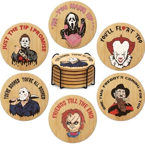 6Pcs Horror Movie Character Spooky Coasters Gift Set with Holder - Horror Movie Accessories Bar Coaster for Party Decor, Unique Halloween Round Coasters for Halloween Coffee Table Spooky Kitchen Decor by TuTuArt