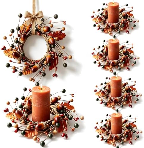 6 Pcs Mini Fall Hanging Wreaths for Cabinets Small Candle Rings Wreath Pillar Holder Wreath with Acorn Berry Autumn Leaves Harvest Wreaths for Farmhouse Porch Front Door Window by Unknown
